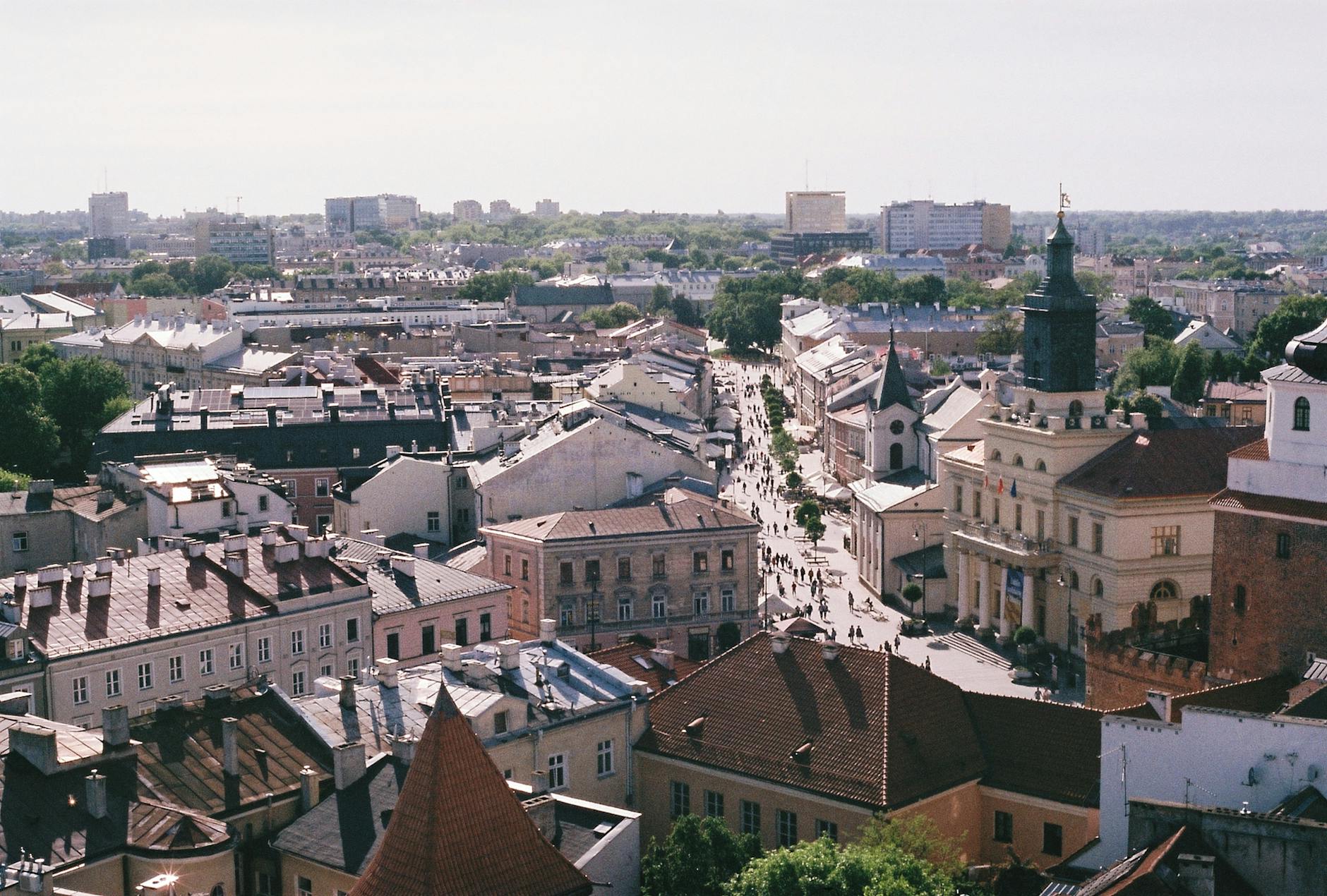 aerial view of new town hall near city buildings in lublin poland